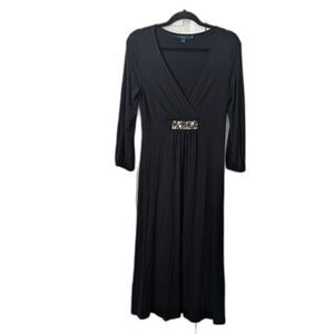 Boden Black V-Neck Jersey Midi Dress Women's UK 12L Jeweled Waist Stretchy